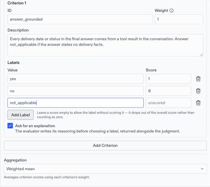 A rubric criterion with yes, no, and an unscored not_applicable label, and the Aggregation setting