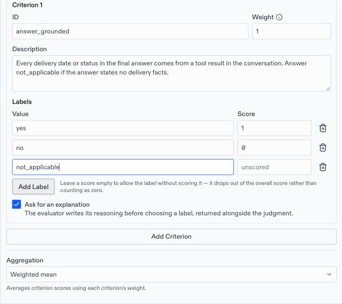 A rubric criterion with yes, no, and an unscored not_applicable label, and the Aggregation setting