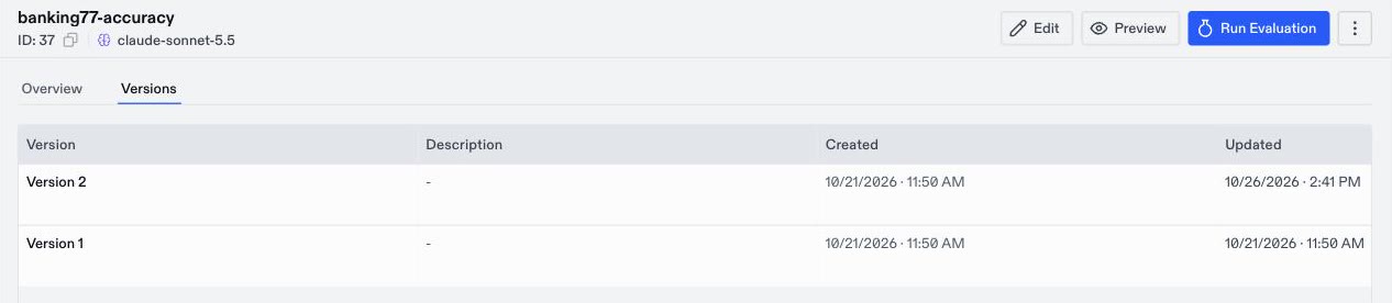 Versions tab of the banking77-accuracy evaluator listing Version 2 and Version 1