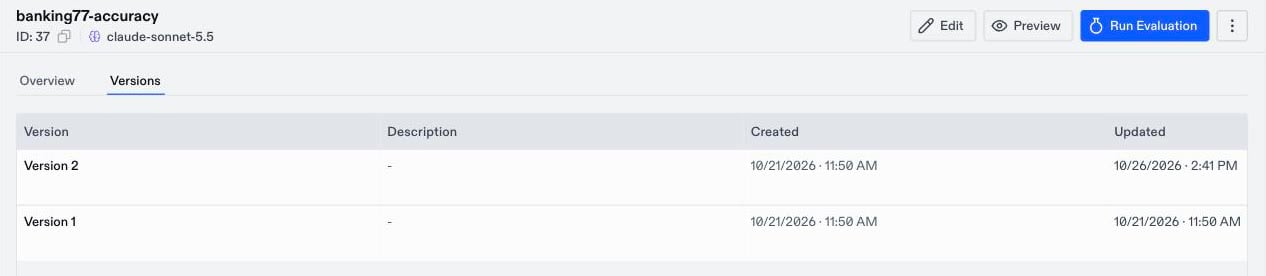 Versions tab of the banking77-accuracy evaluator listing Version 2 and Version 1