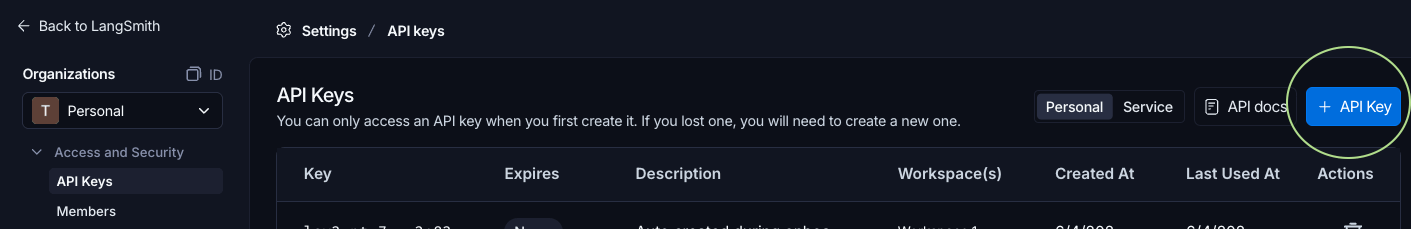 LangSmith API key creation