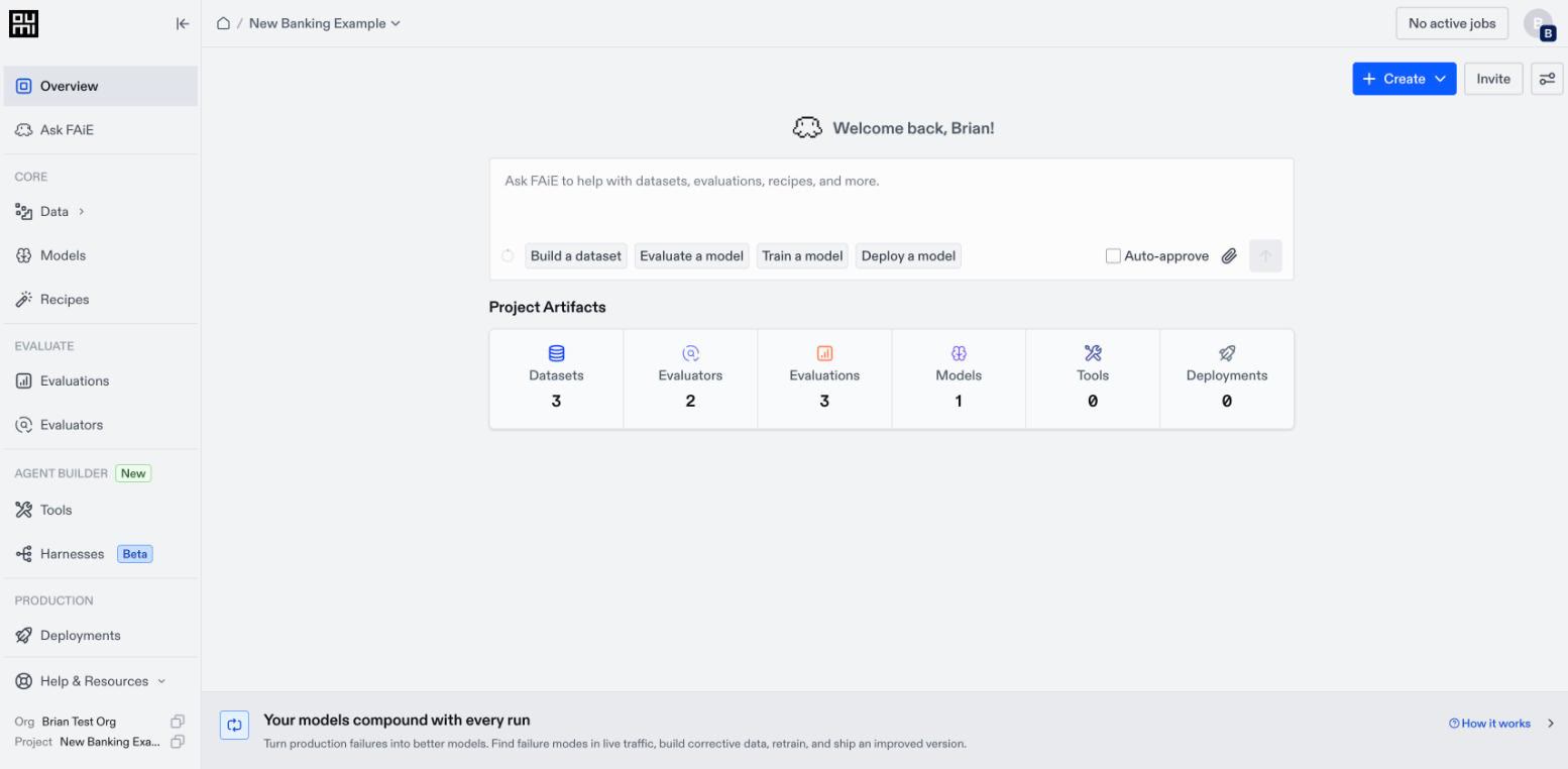 Project Overview page with the expanded sidebar, the Ask FAiE box, and the Project Artifacts counts