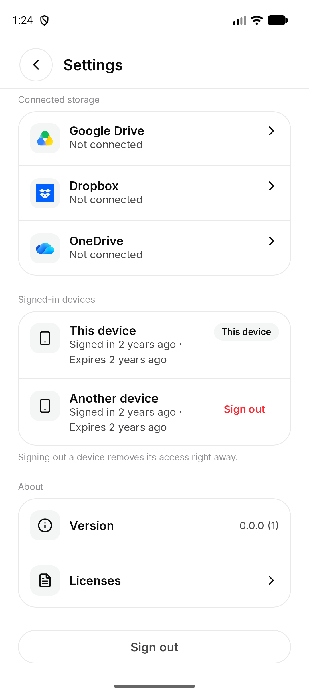 The bottom of Settings, with Sign out
