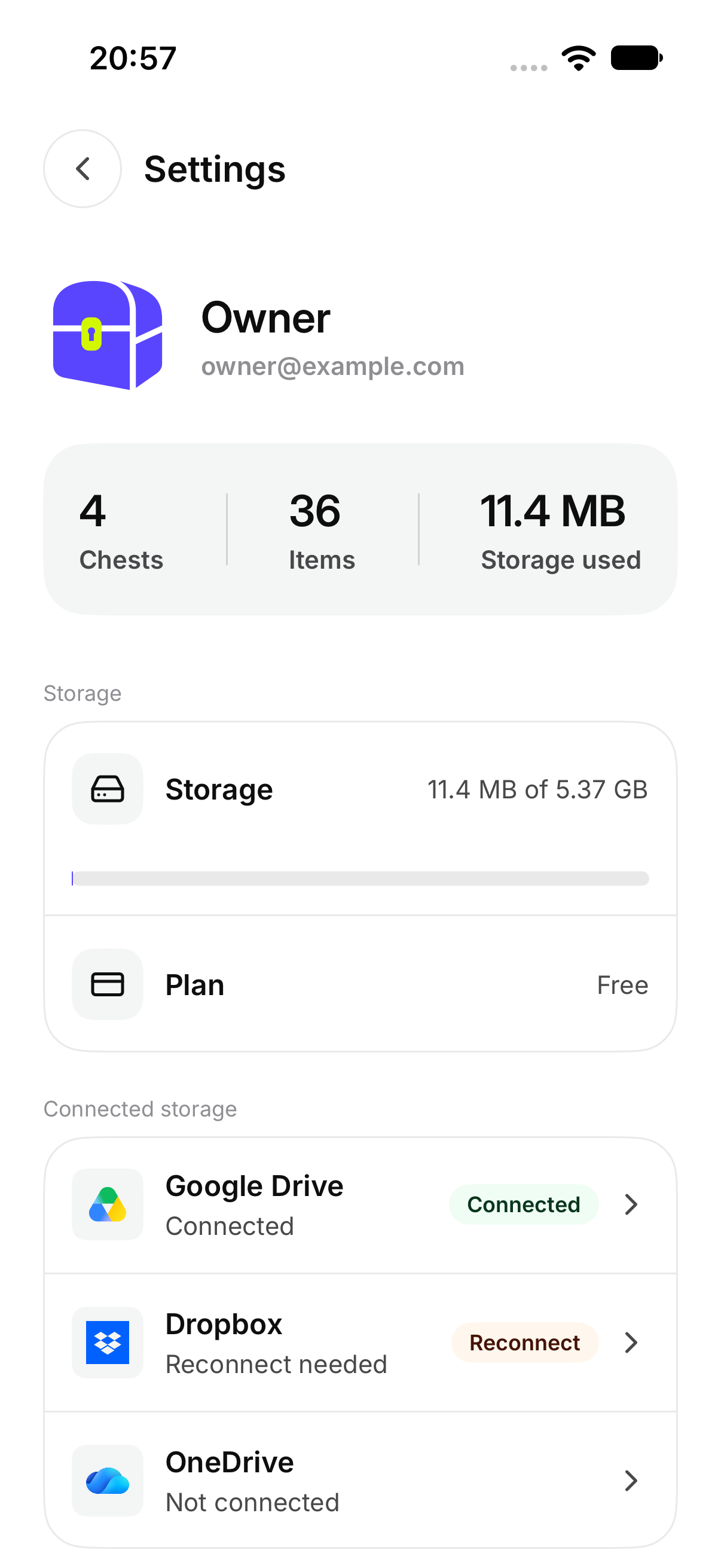 Settings, with Storage and Plan