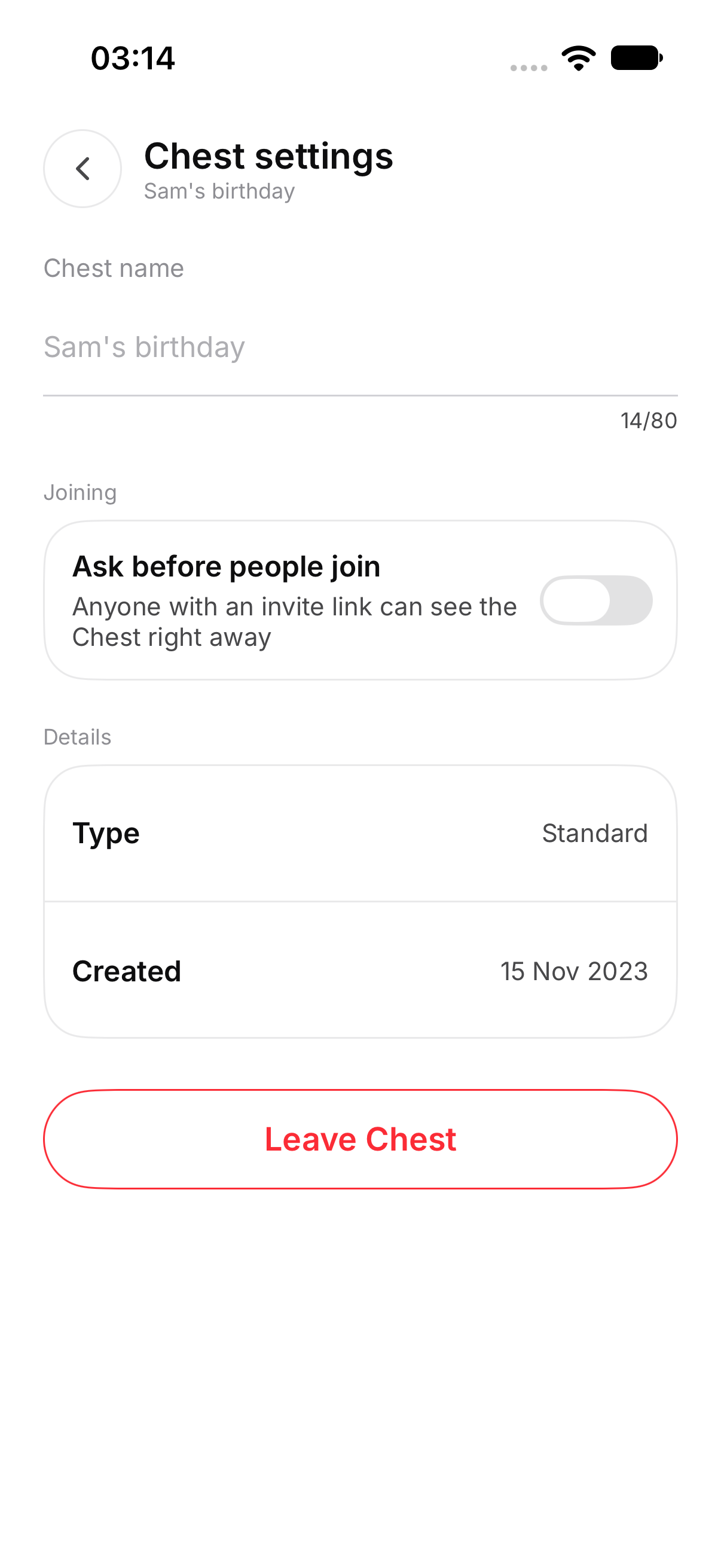 Chest settings for a member