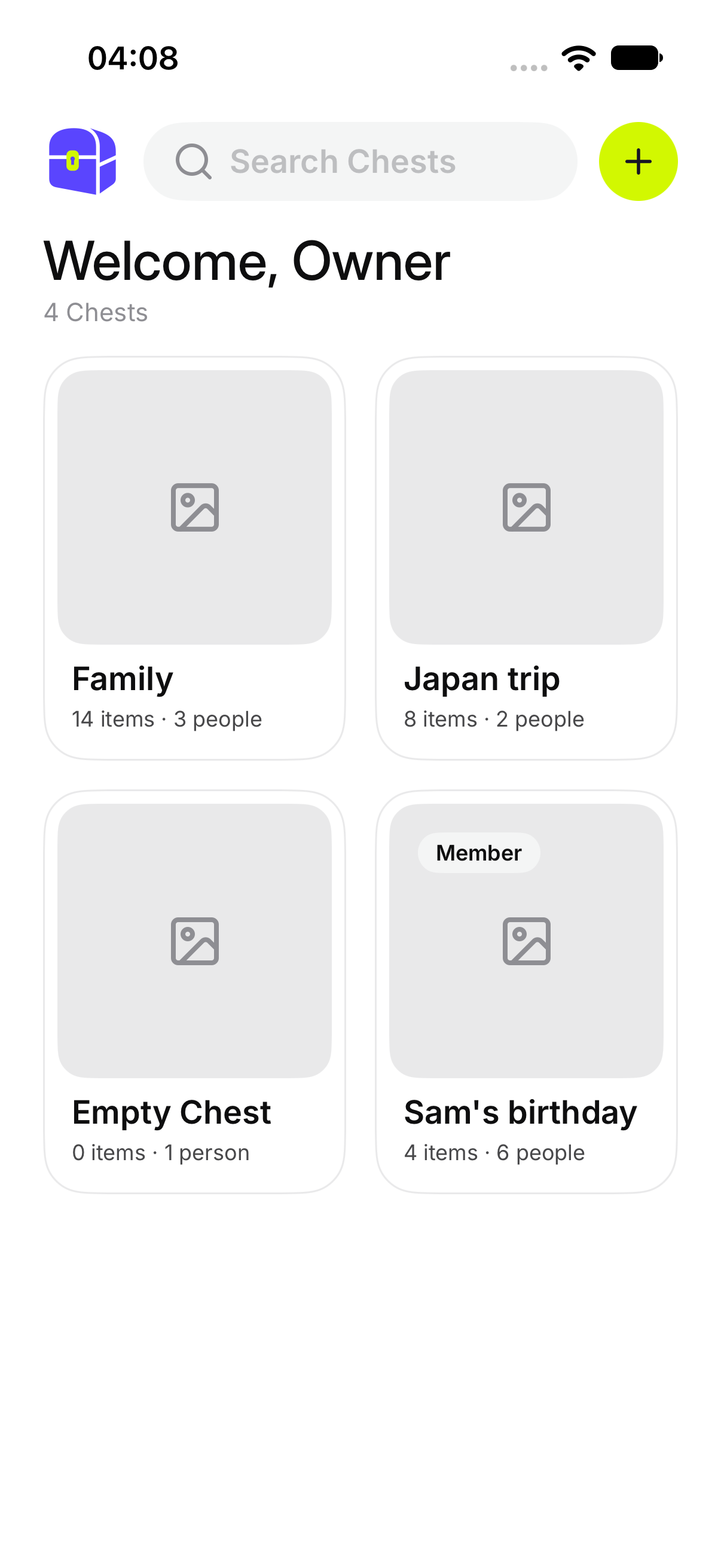 Chests, with a card for each Chest