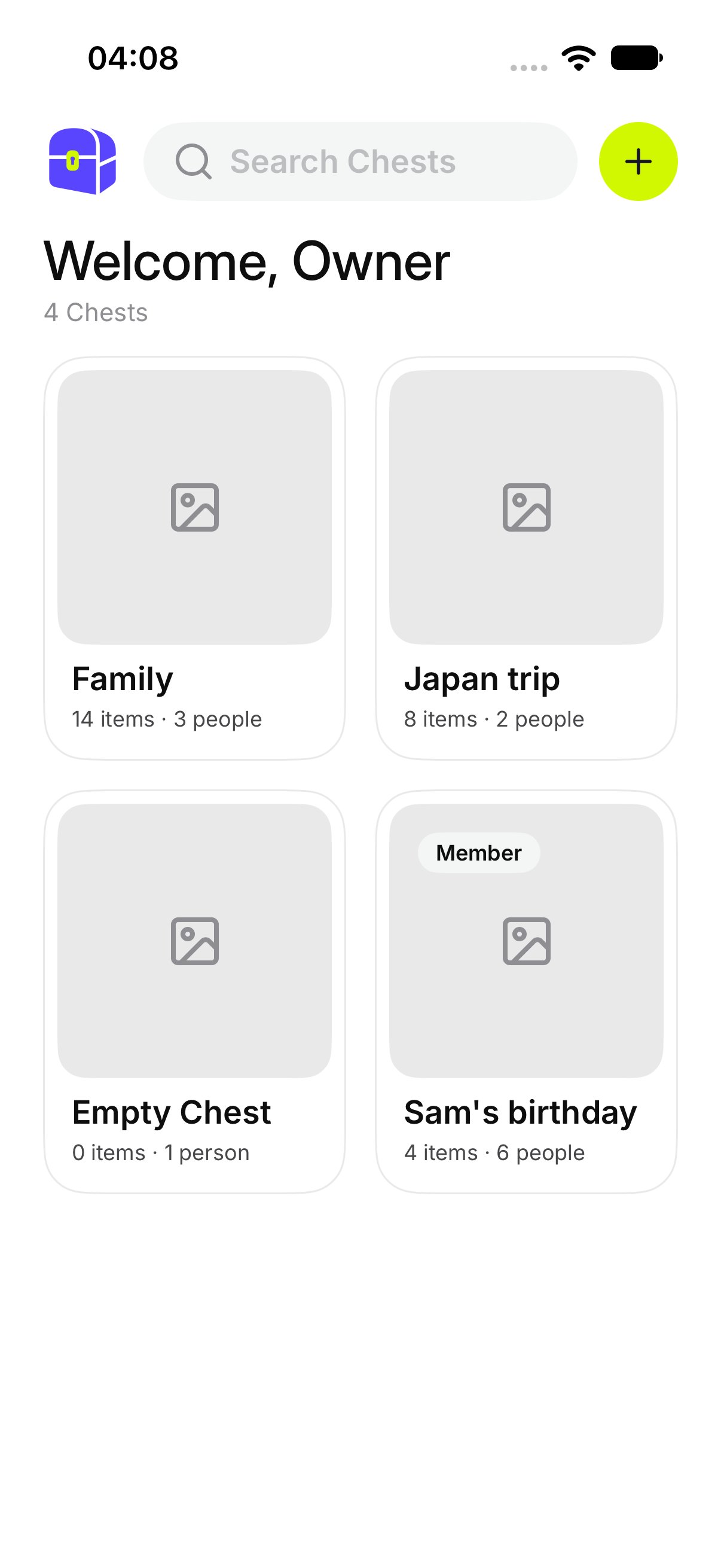 Chests, with a card for each Chest