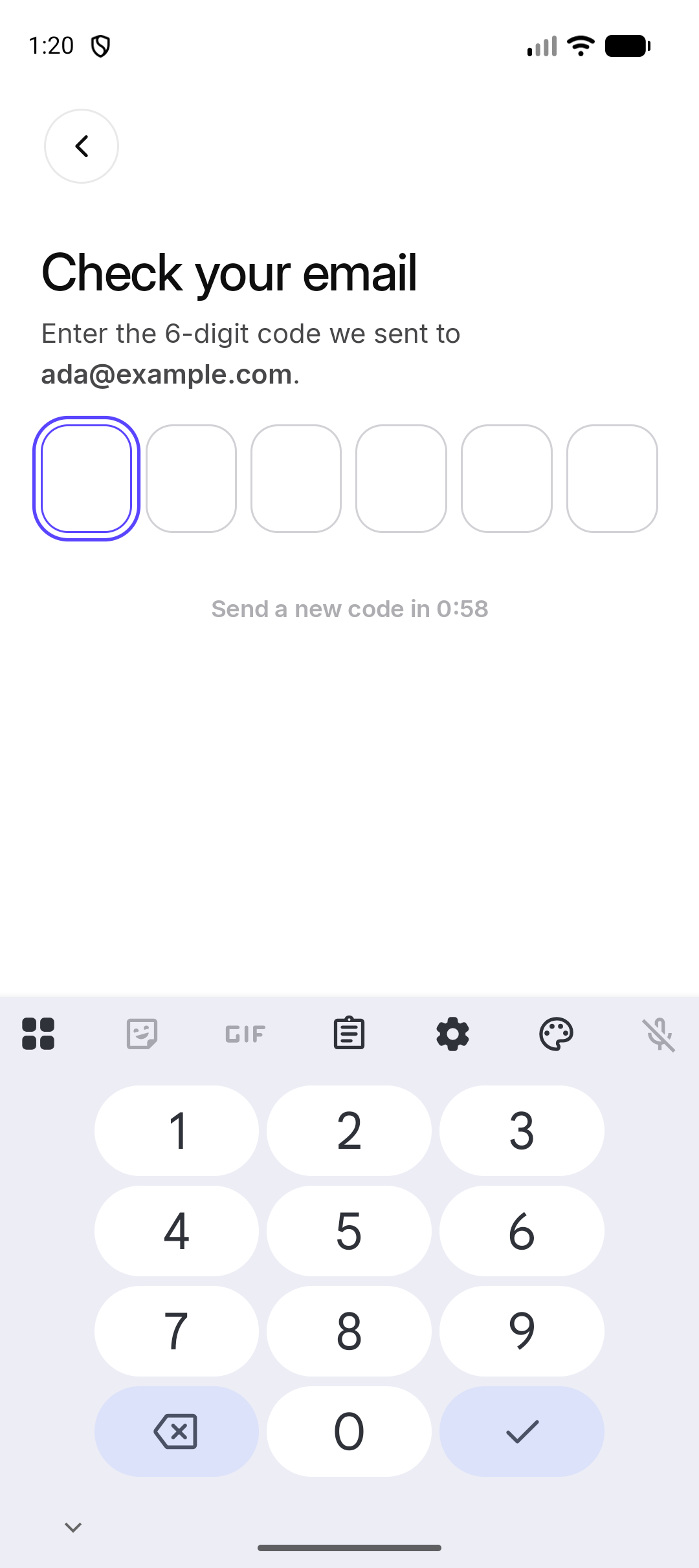 Check your email, with the six code boxes