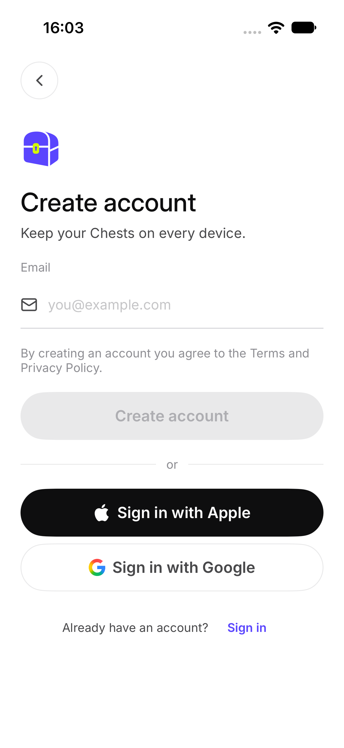 Create account, with the email field