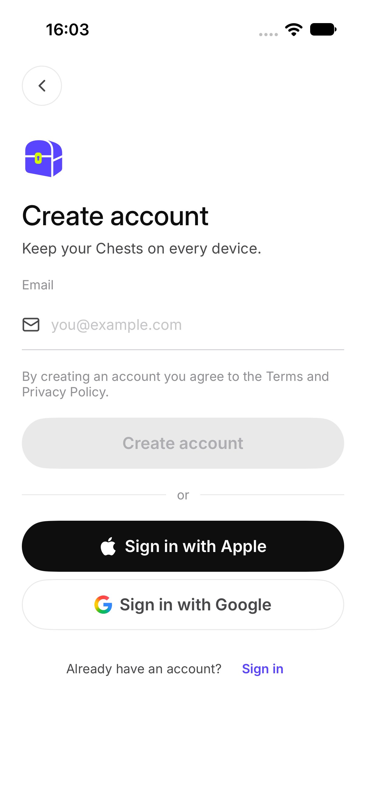 Create account, with the email field