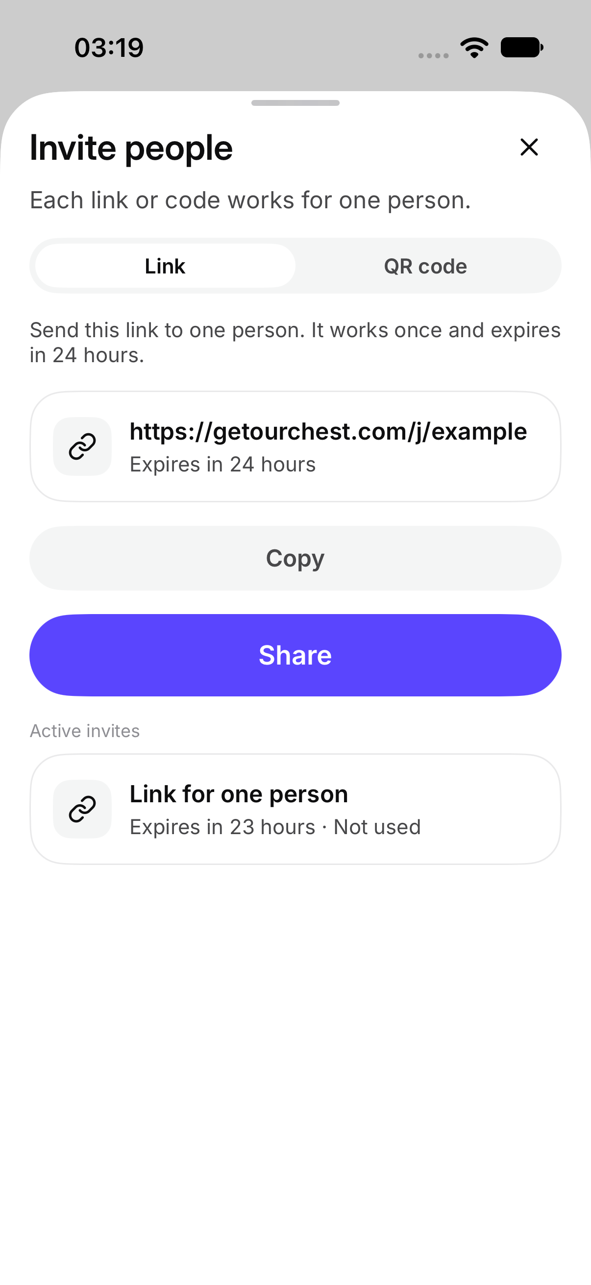 Invite people, with a link ready to share