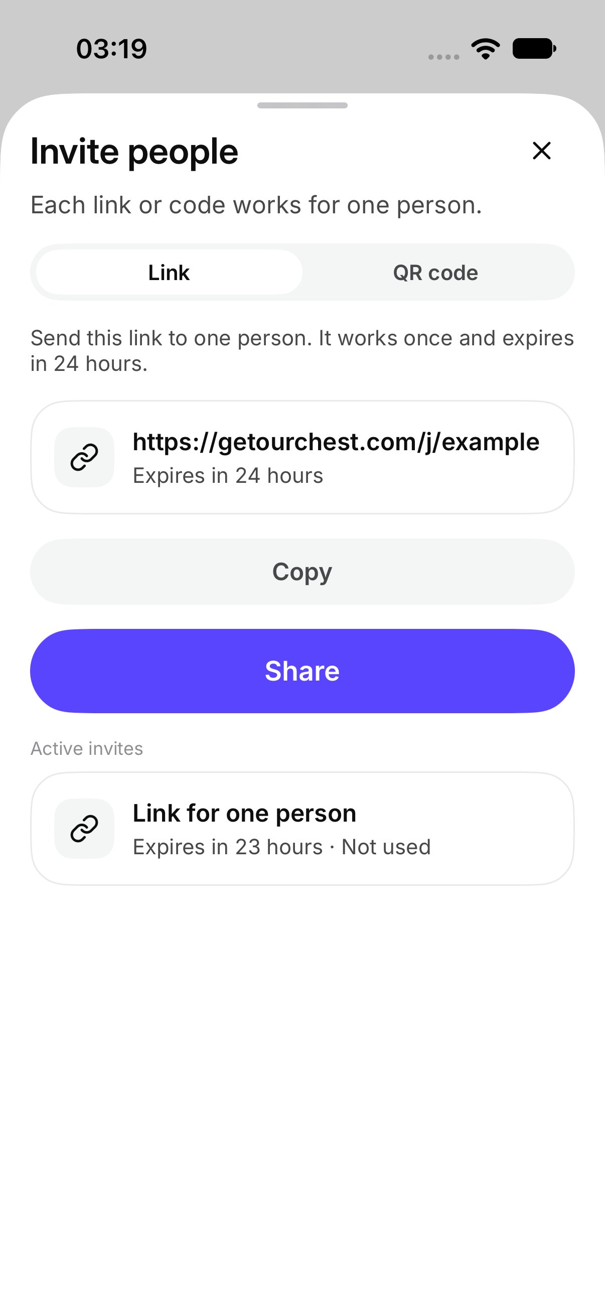 Invite people, with a link ready to share