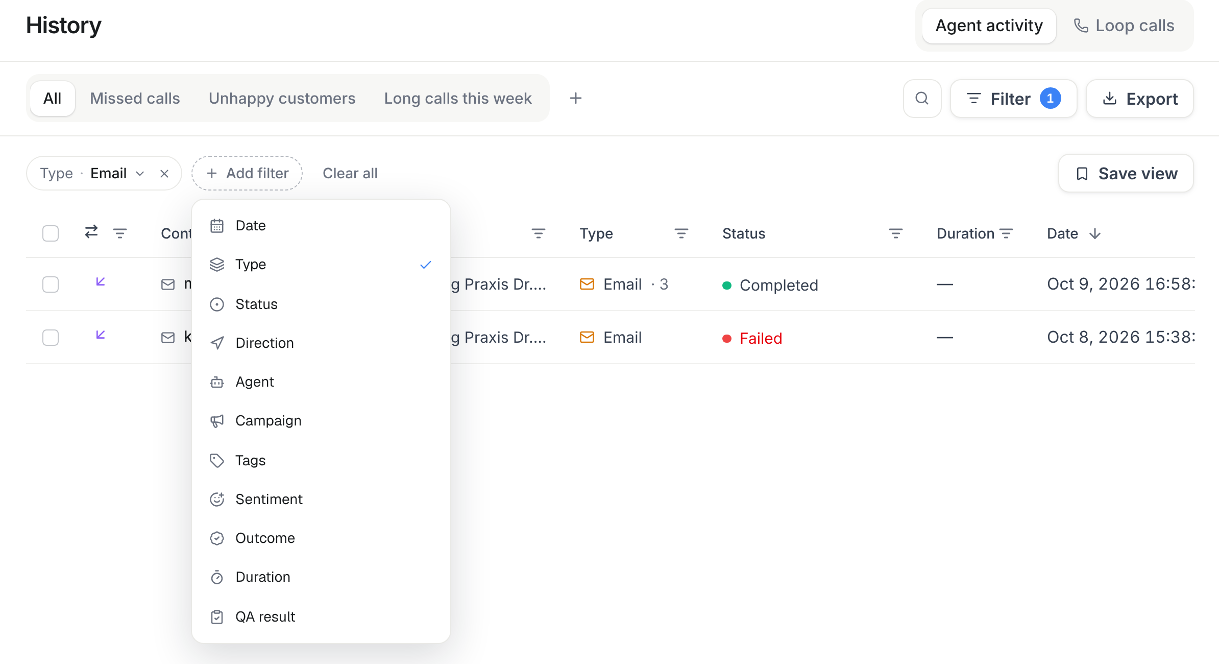 History avec le type Email sélectionné et le menu Add filter ouvert
