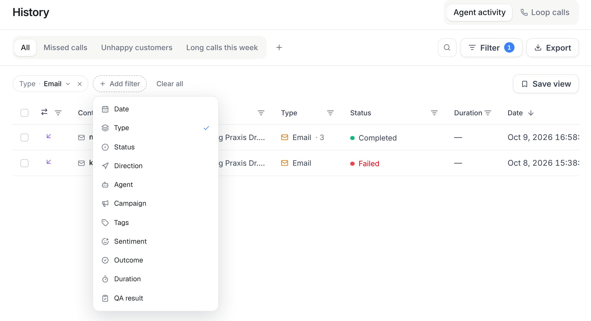 History avec le type Email sélectionné et le menu Add filter ouvert