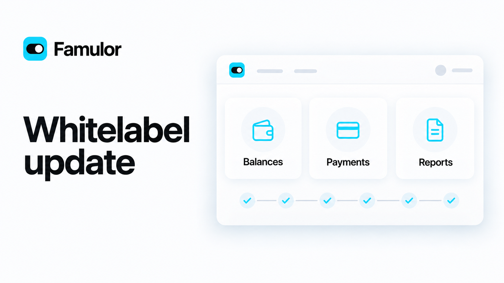 Famulor Whitelabel update illustration with balances, payments, reports and a six-step setup checklist