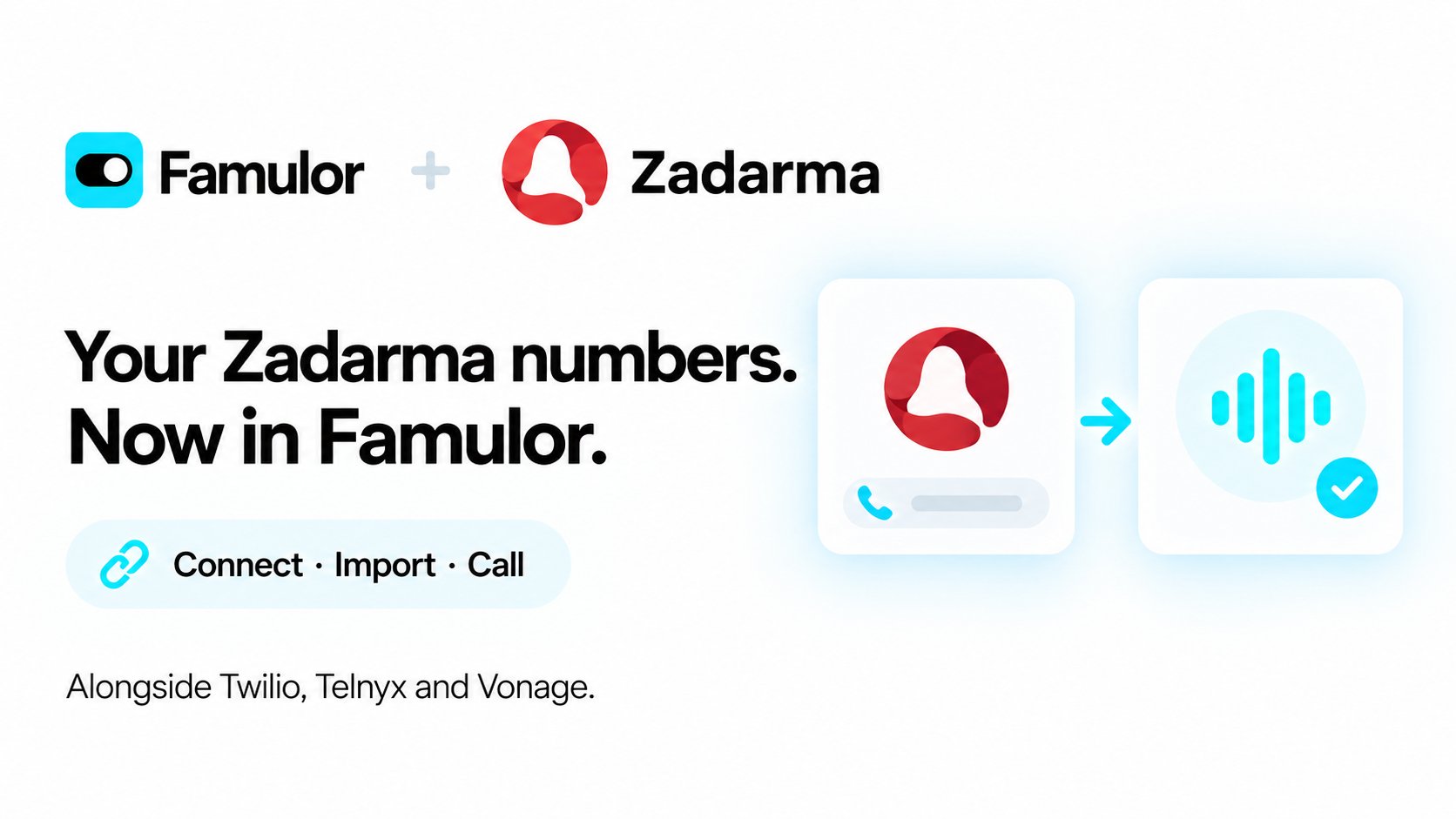 Famulor- und Zadarma-Logos mit einer Telefonnummer, die mit einem Sprachassistenten verbunden ist