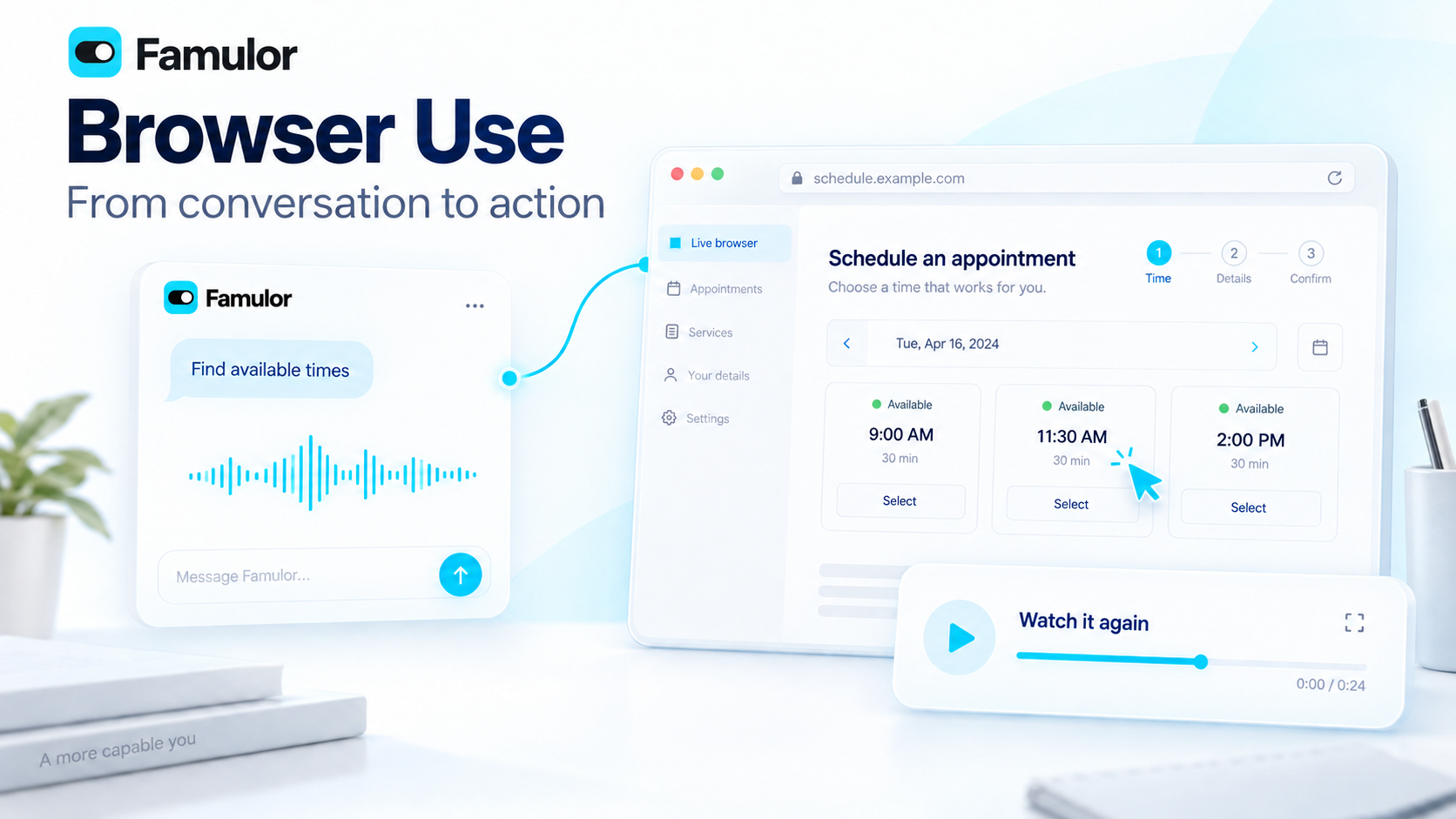 Famulor Browser Use connects a conversation to a live browser view and a video replay