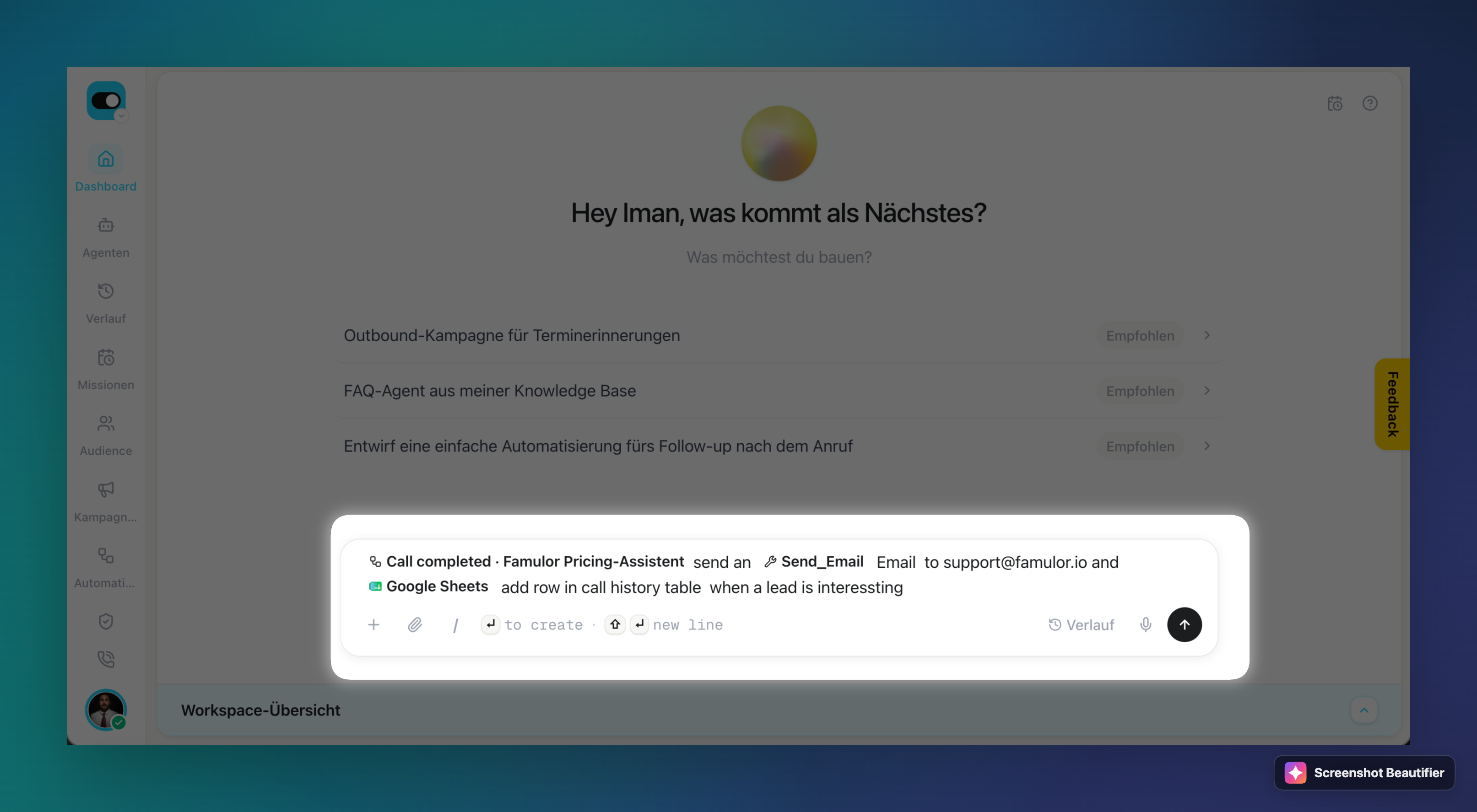 Milian composer with a completed-call trigger, an email action, and a connected Google Sheets resource