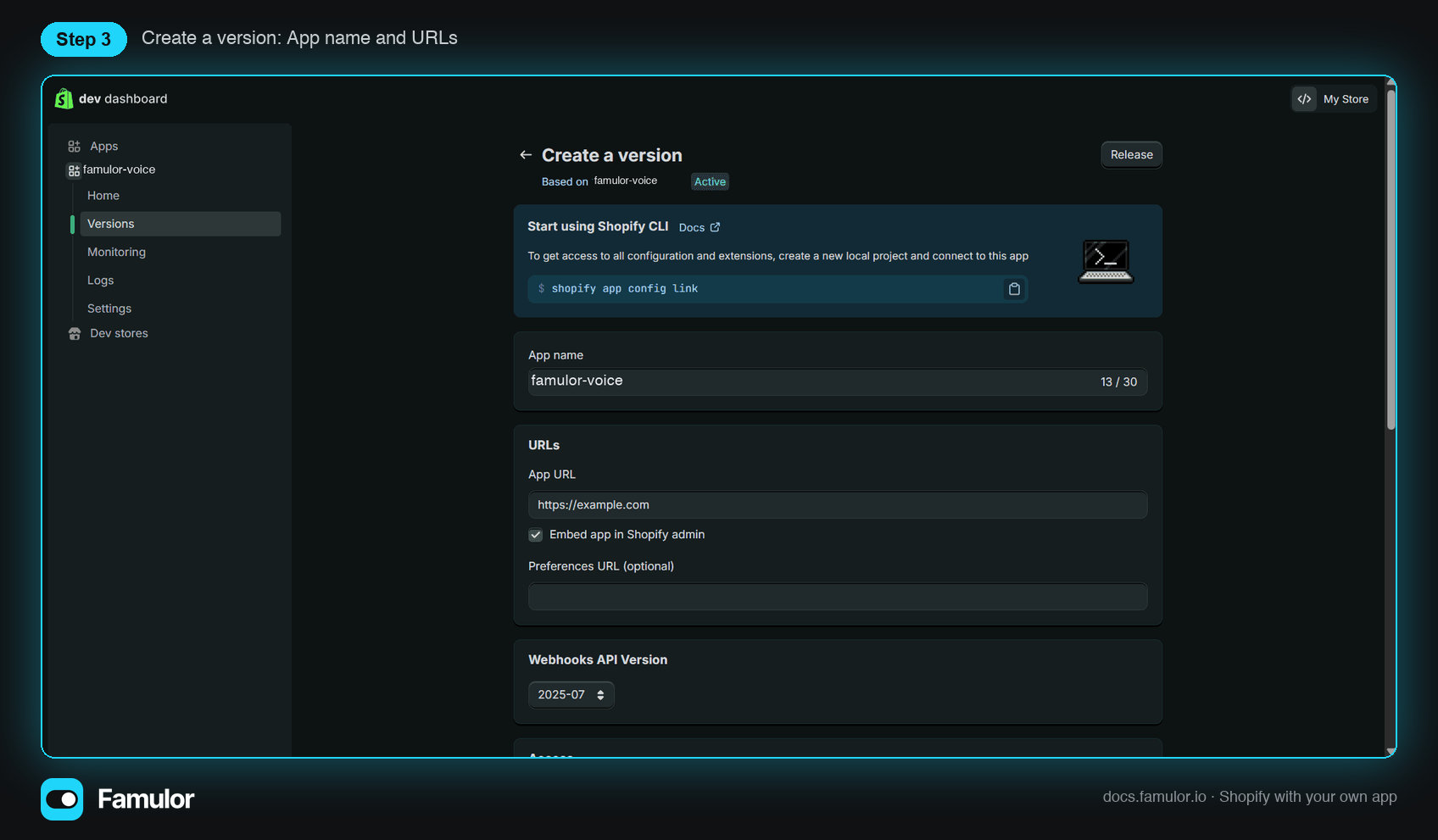 Formulario Create a version con el nombre de la app y las URLs