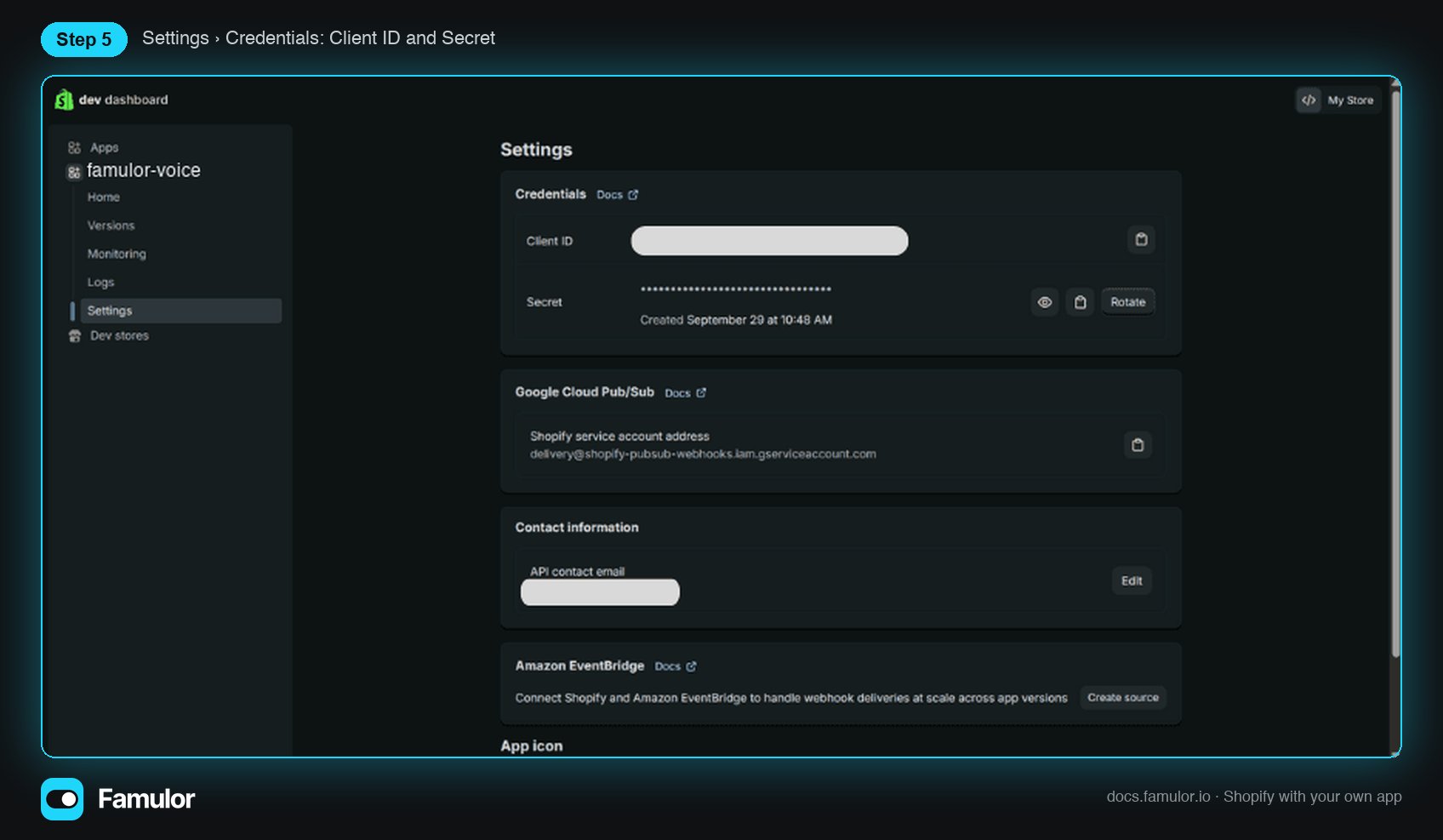 Página de configuración de la app con Client ID y Secret