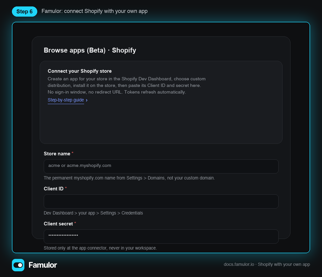 Diálogo de conexión de Famulor para Shopify con nombre de la tienda, Client ID y Client secret