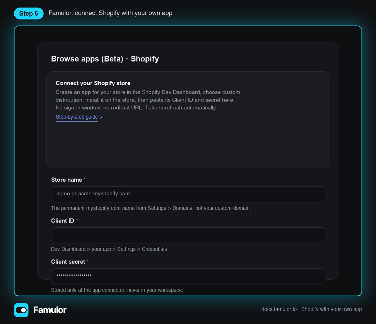 Diálogo de conexión de Famulor para Shopify con nombre de la tienda, Client ID y Client secret