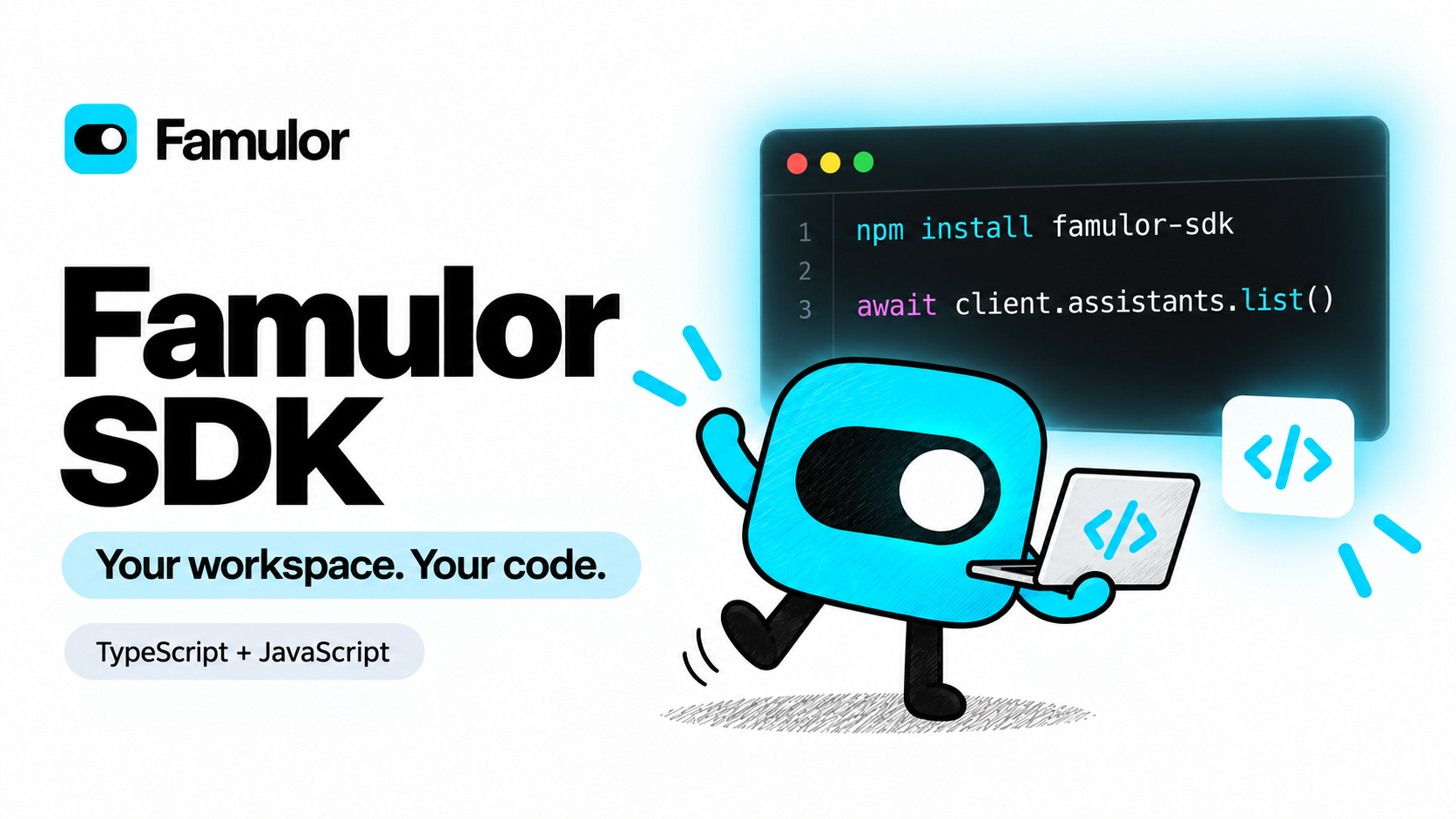 Famulor SDK con la mascota, el logotipo y código TypeScript