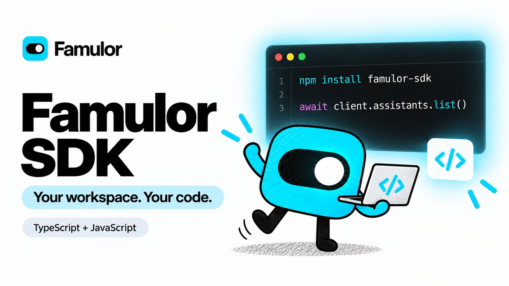 Famulor SDK with the Famulor mascot, logo and TypeScript code