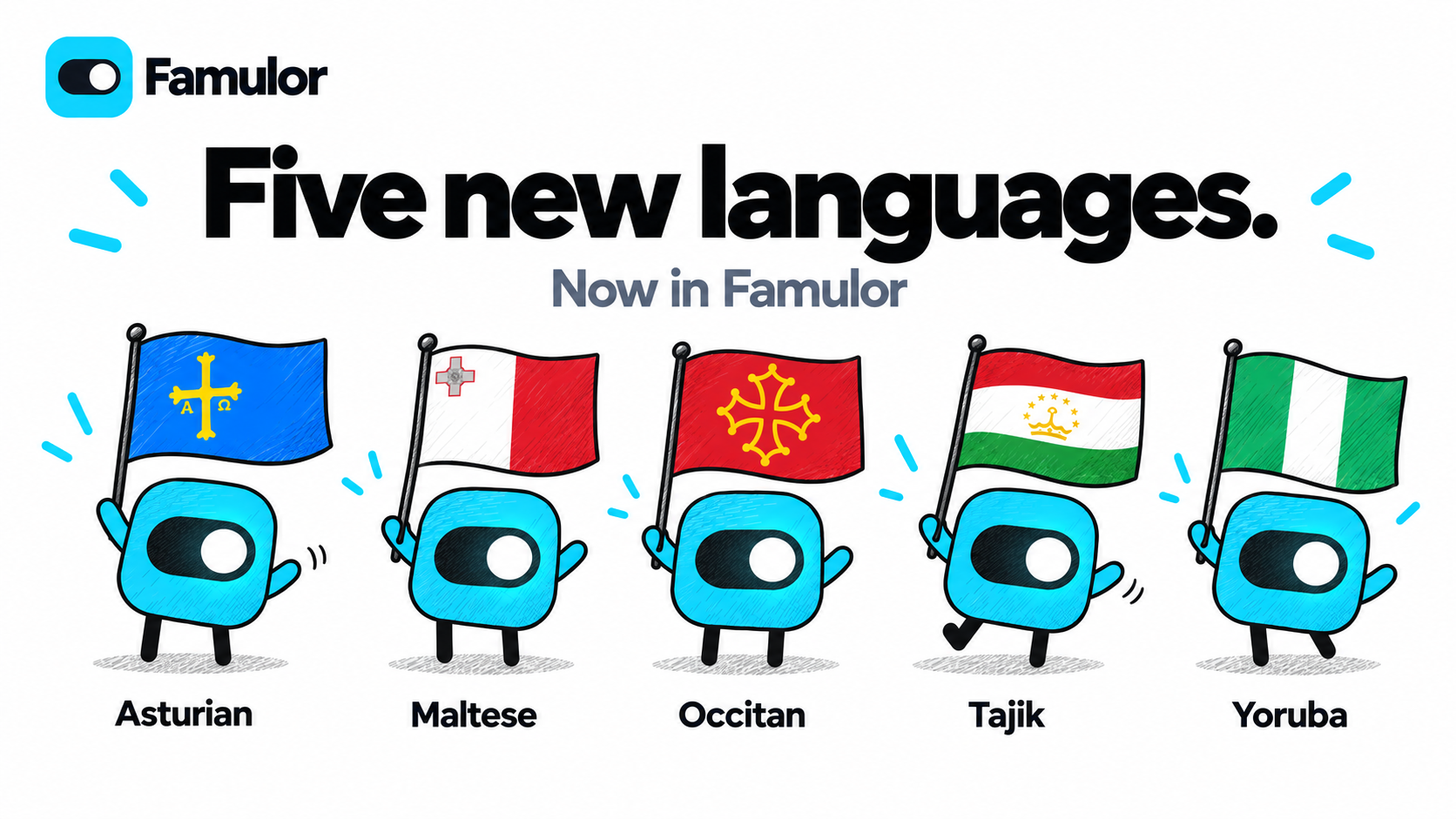Famulor mascots celebrate Asturian, Maltese, Occitan, Tajik and Yoruba with regional and national flags