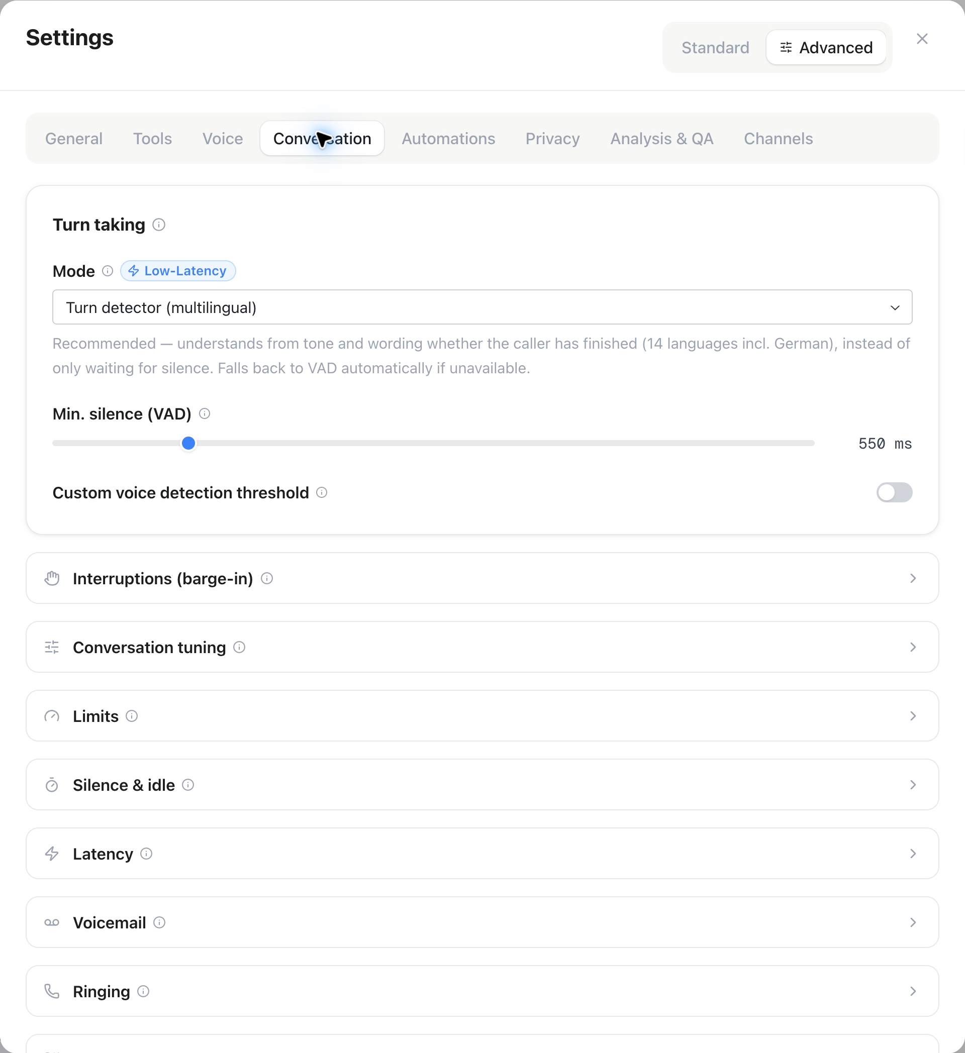 Conversation settings with turn detection, silence and voice detection controls