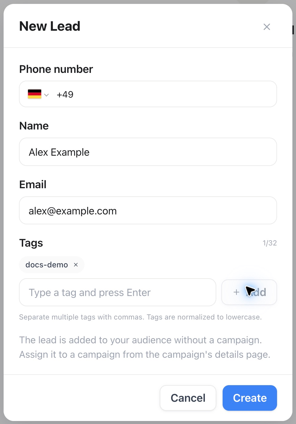 New Lead form with fictional contact details
