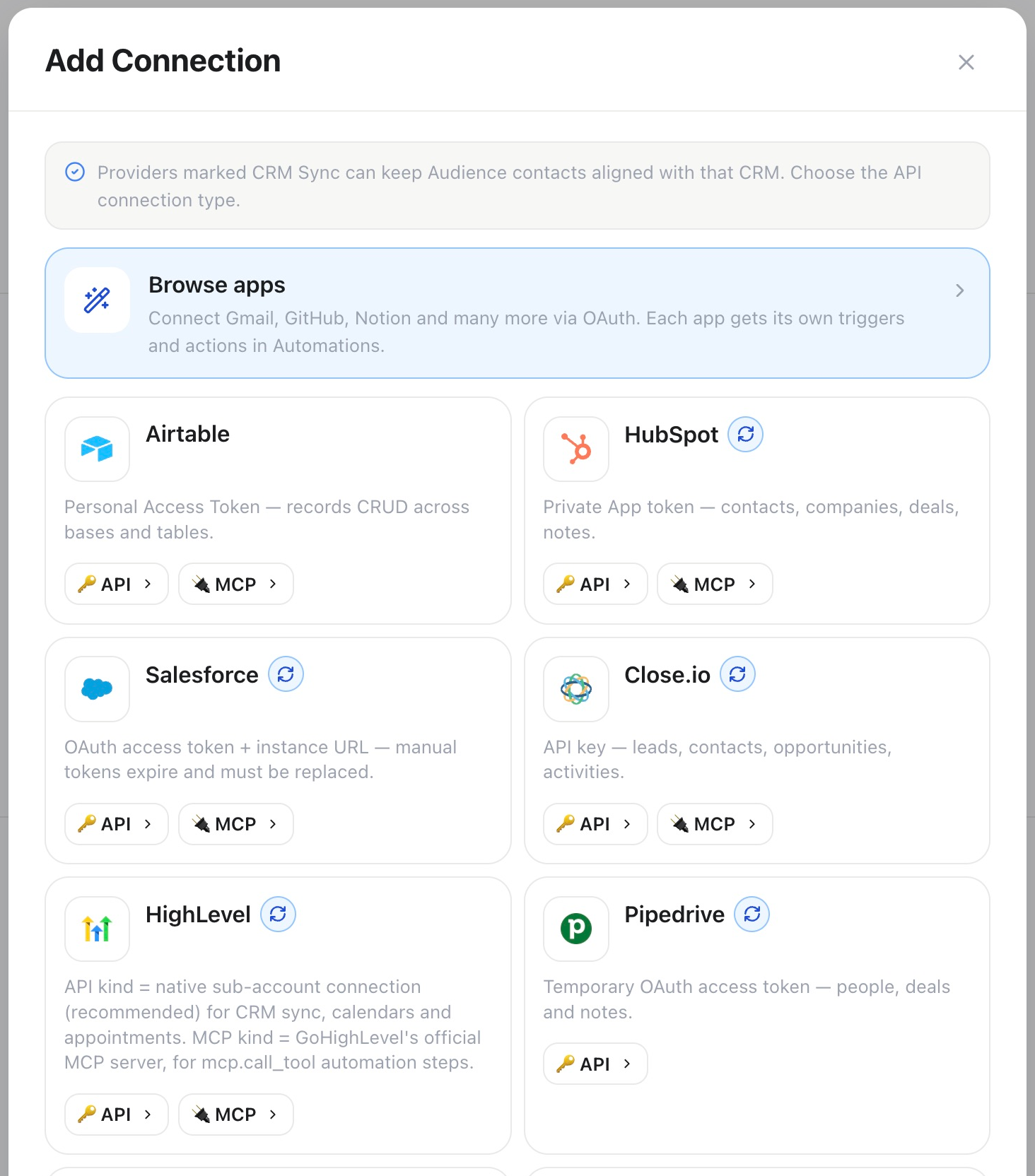 Add Connection service chooser