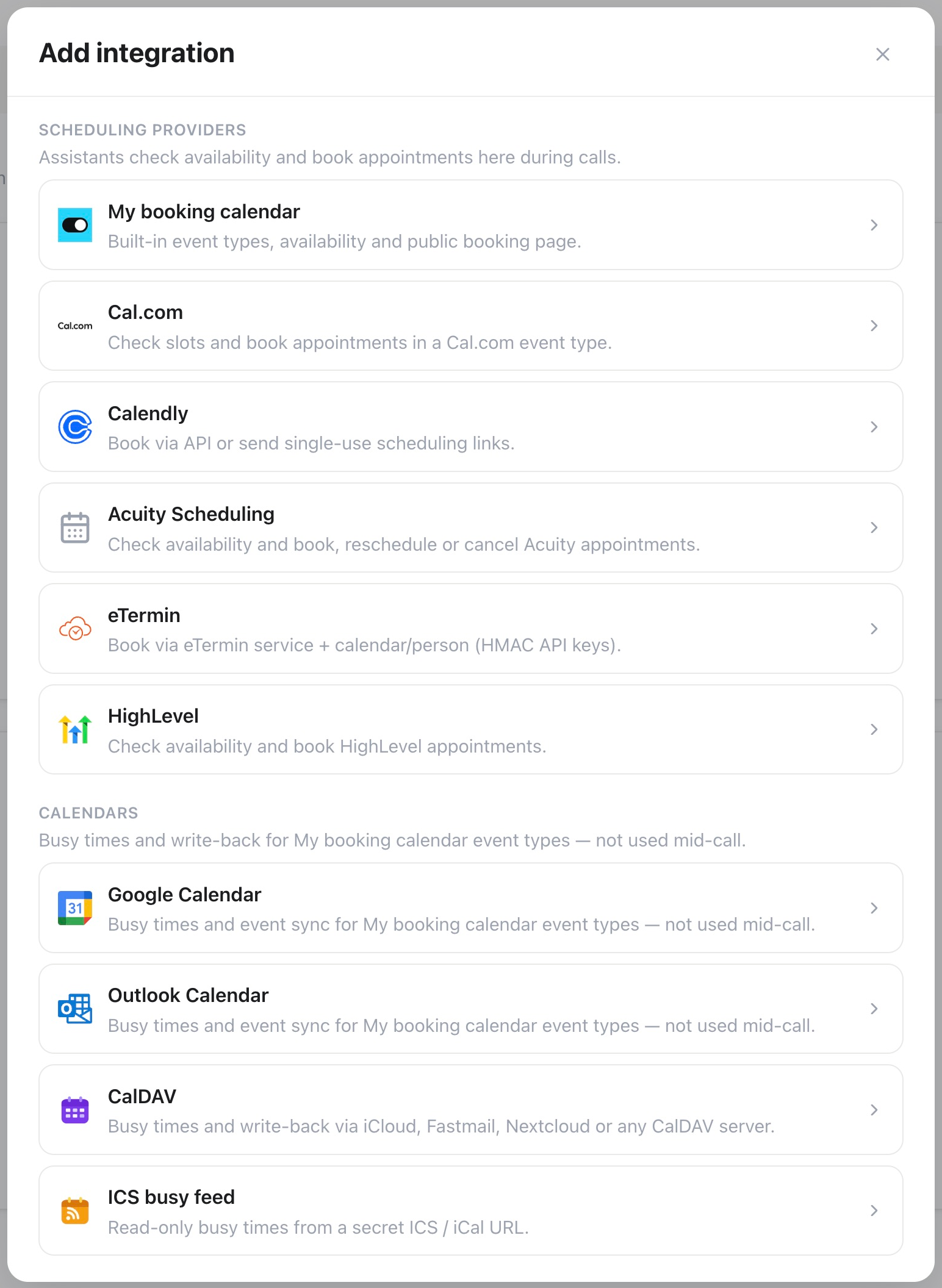 Available booking integrations