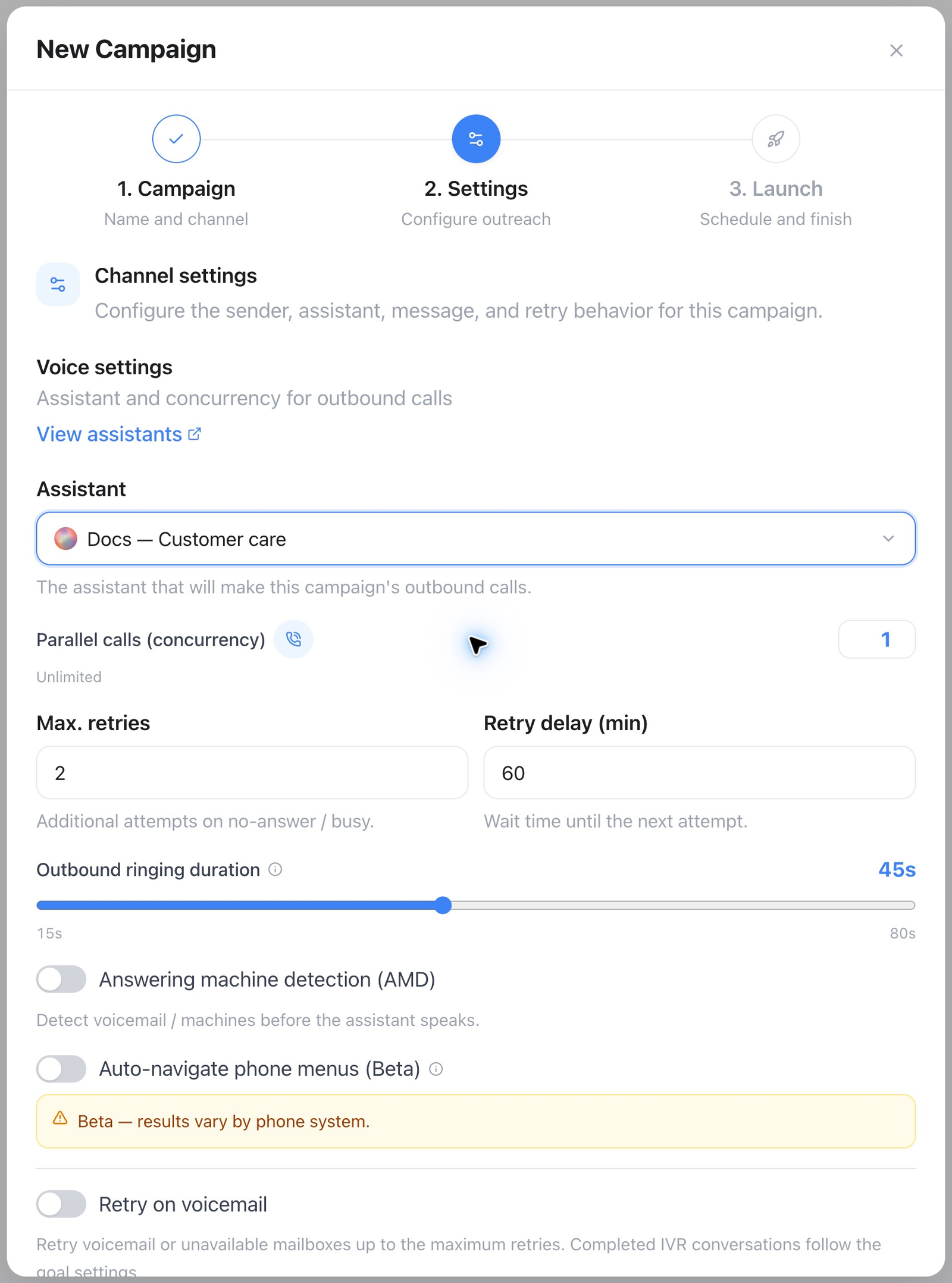 Campaign Channel settings with assistant, retry, and concurrency options
