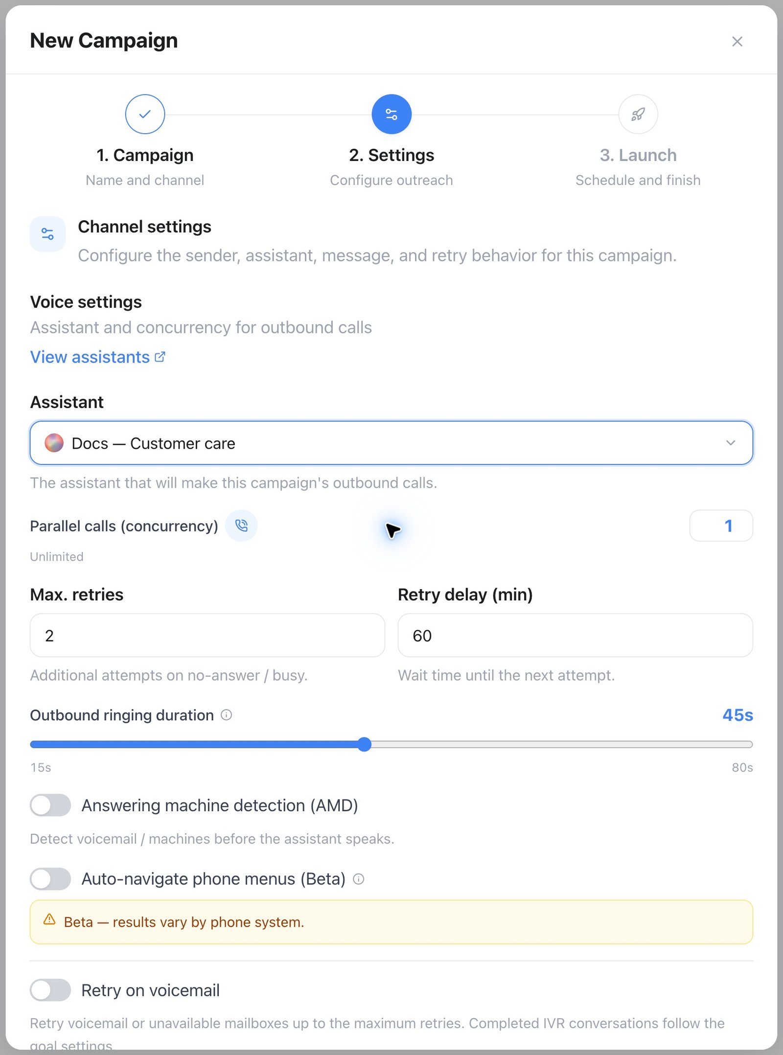 Campaign Channel settings with assistant, retry, and concurrency options