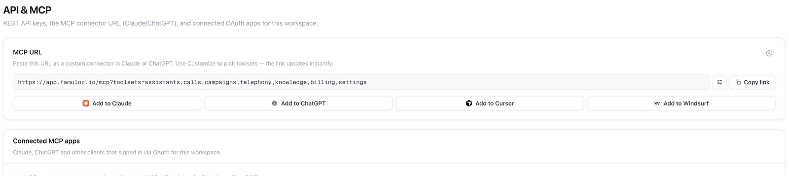 API & MCP — settings entry point; API-key controls are farther down the page