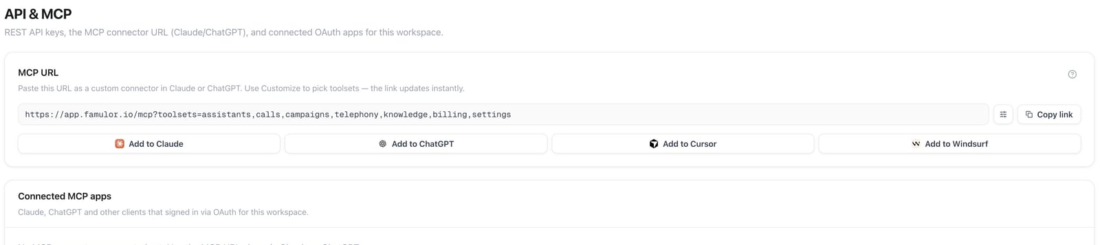 API & MCP — settings entry point; API-key controls are farther down the page
