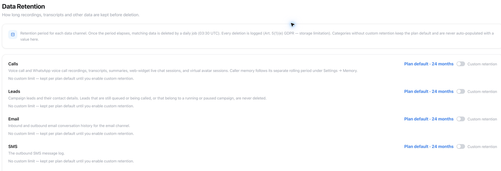 Data retention settings