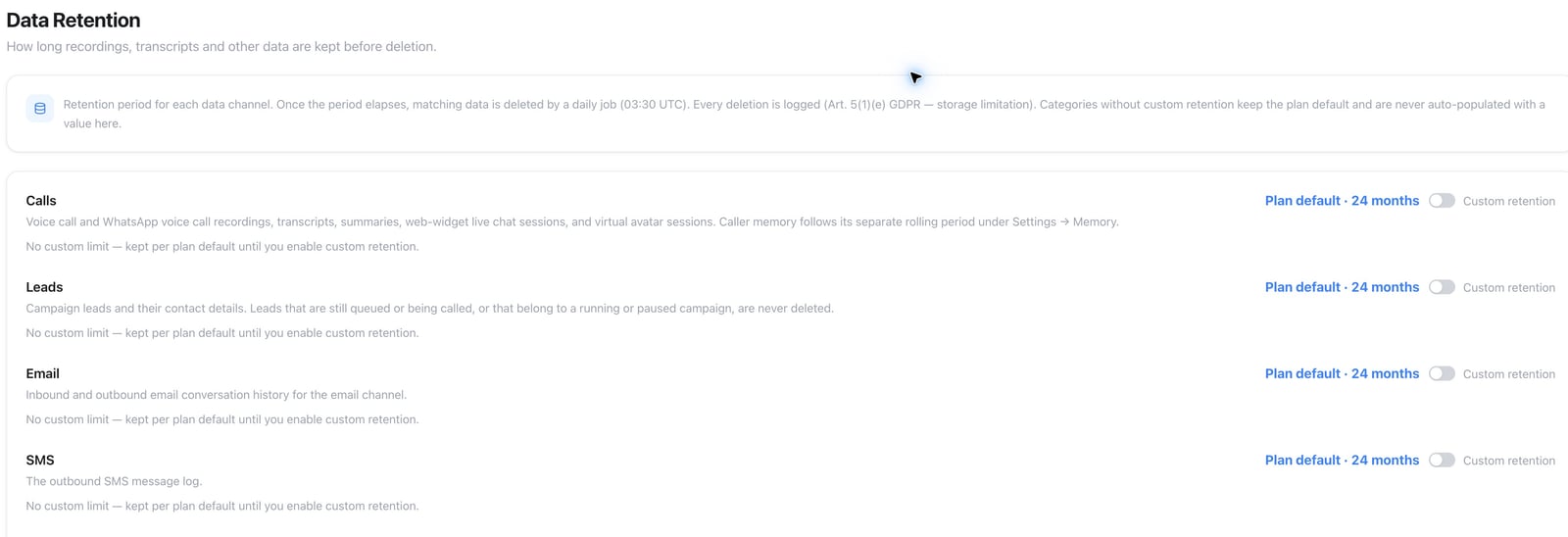 Data retention settings