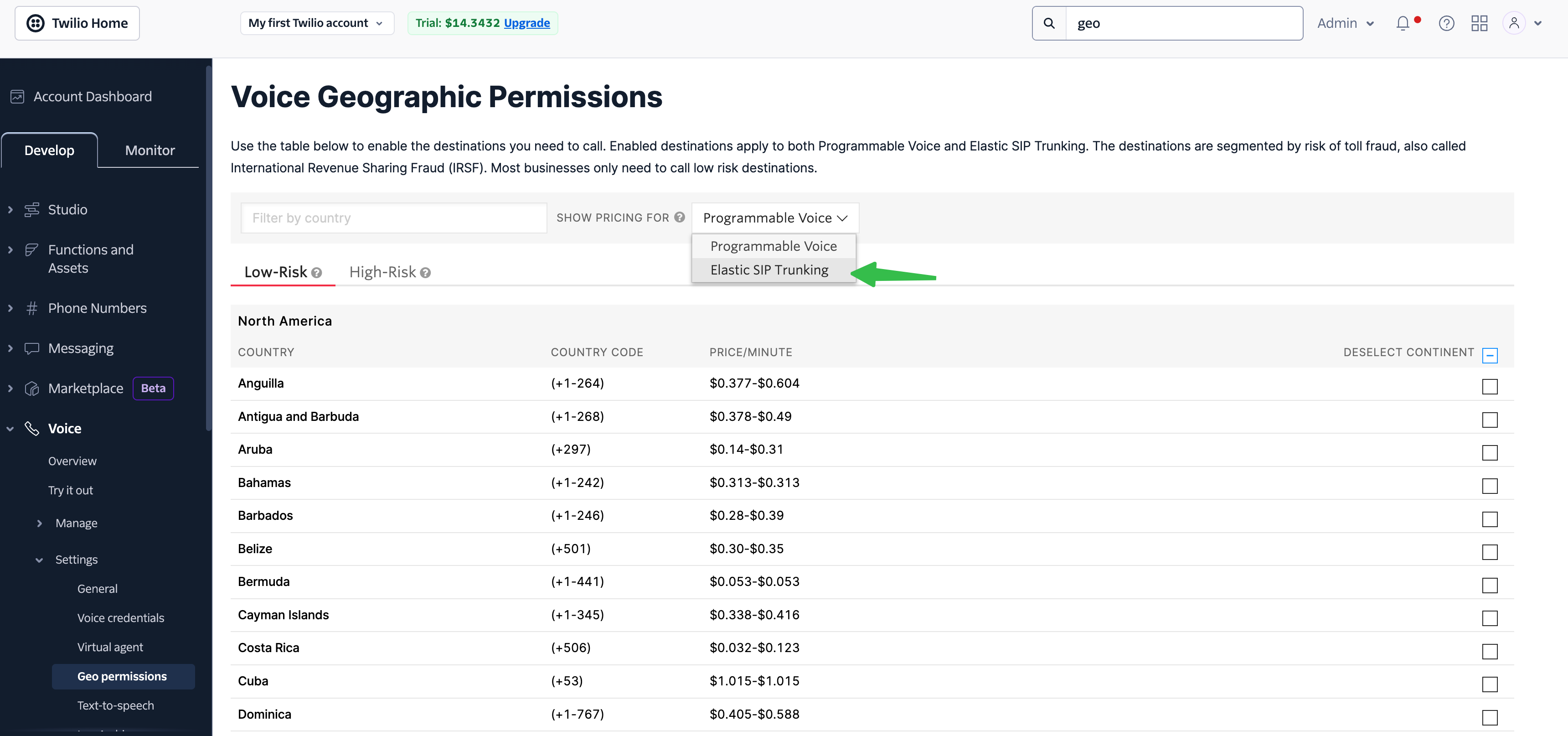 Twilio-Seite Voice Geographic Permissions mit ausgewähltem Geltungsbereich Elastic SIP Trunking im Dropdown „pricing for“