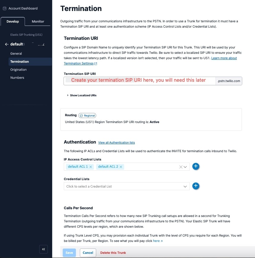Twilio-Elastic-SIP-Trunking-Seite Termination mit dem Feld Termination SIP URI und IP Access Control Lists