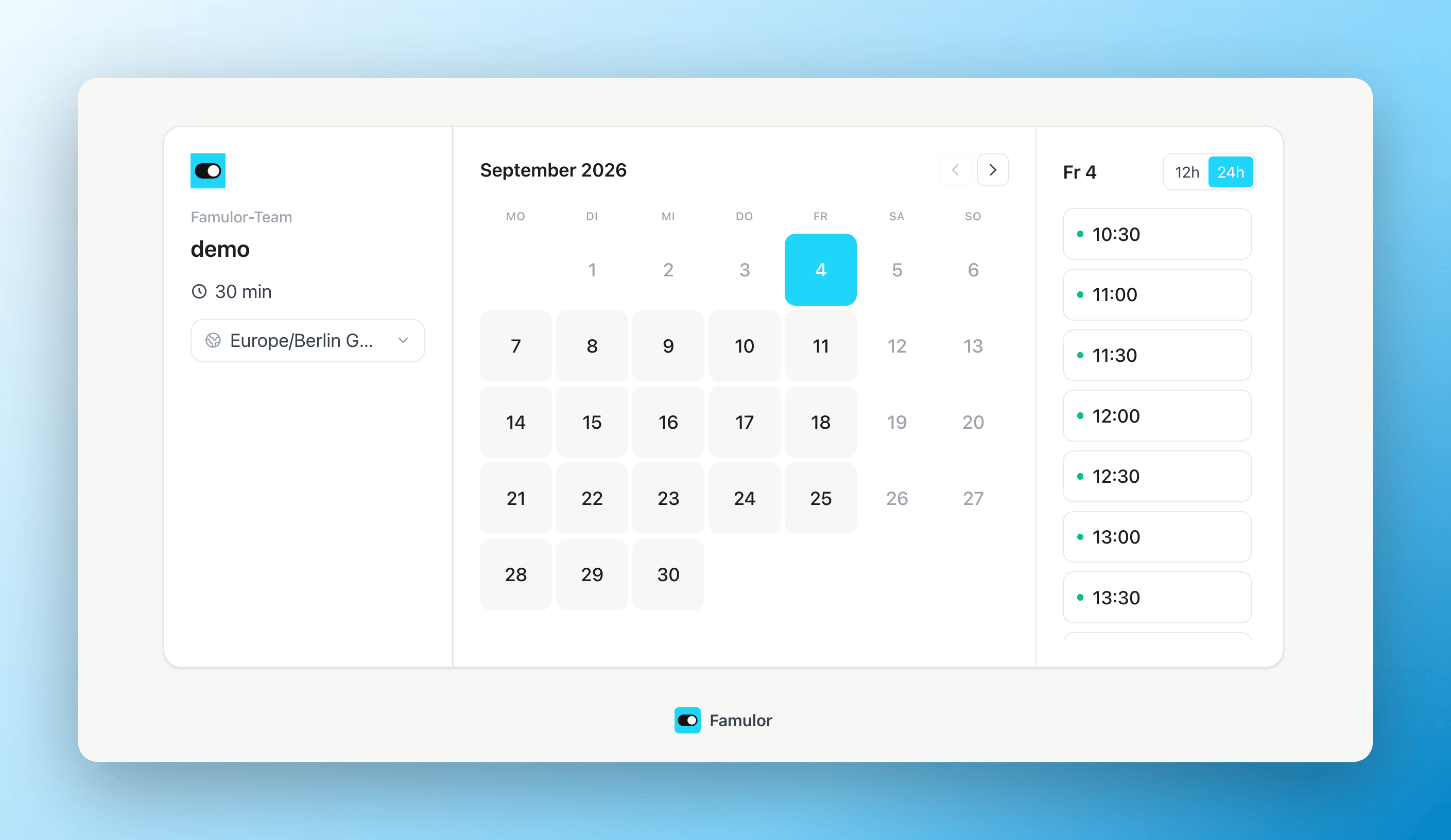 Public booking page with branding on the left, a month calendar in the middle, and time slots on the right