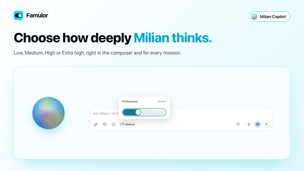 Famulor-Ankündigung: der Milian-Composer mit dem Regler „Thinking level“ auf Medium, daneben der Milian-Orb und das Famulor-Logo