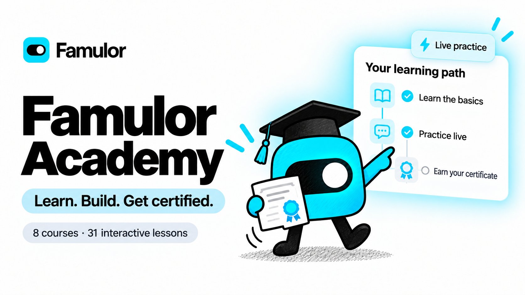 Famulor Academy illustration with the mascot wearing a graduation cap, a learning path and a certificate
