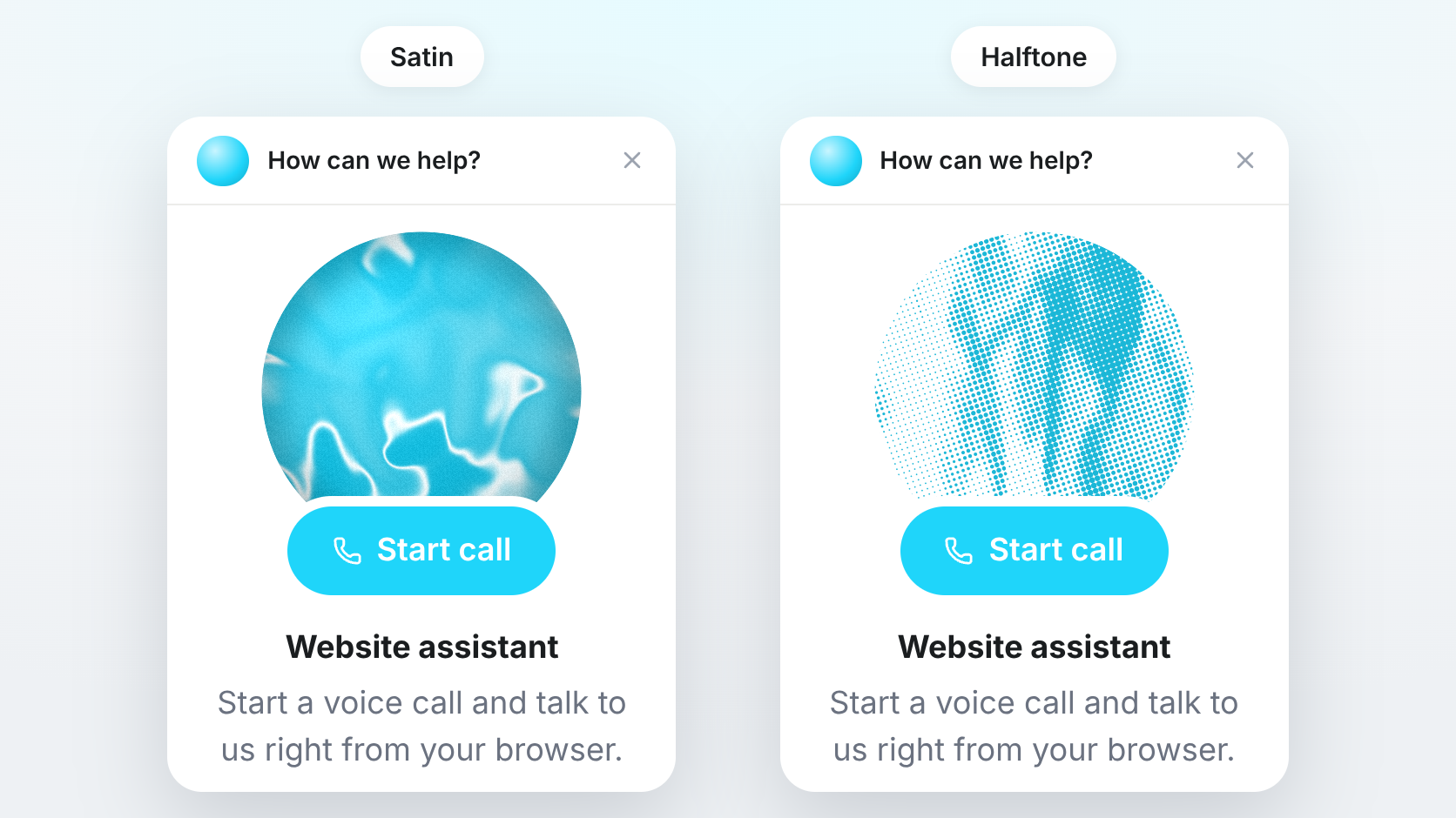 Zwei Voice-Panels des Web-Widgets nebeneinander: ein glänzender, cyanfarbener Satin-Orb und ein gepunkteter Halbton-Orb, jeweils mit dem Anruf-Button an der Unterkante