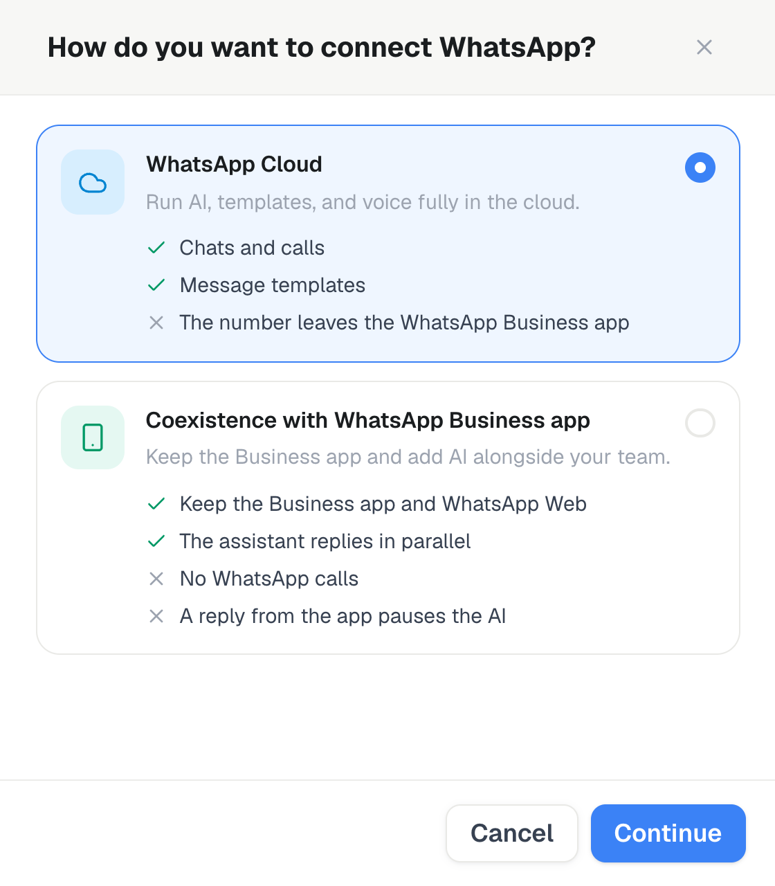 WhatsApp-Verbindungsauswahl zwischen Cloud und Koexistenz mit der Business-App