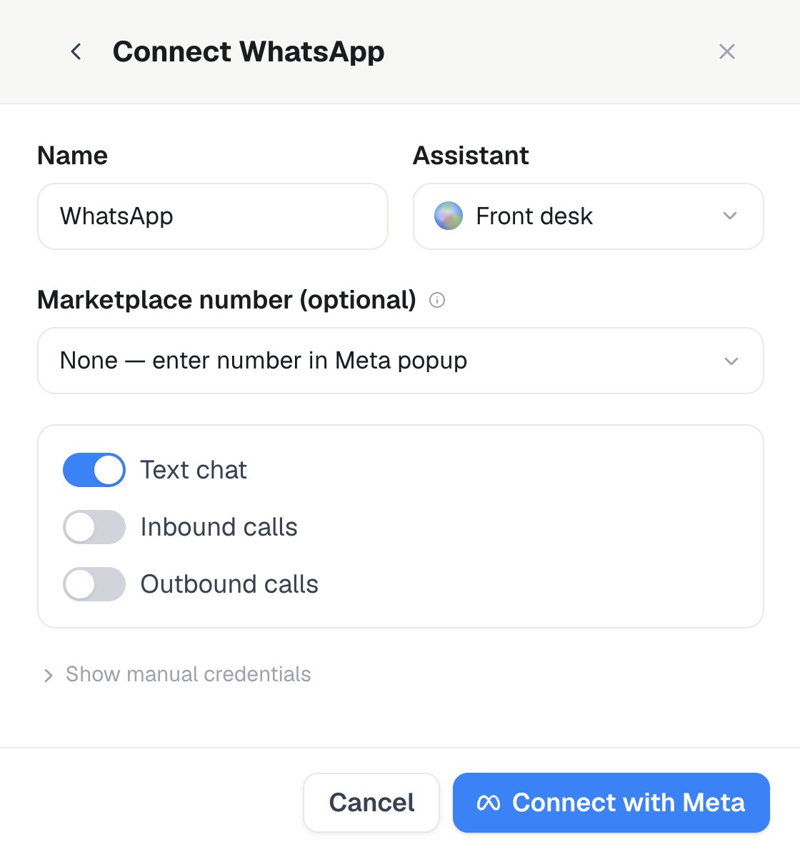 Connect-WhatsApp-Formular mit Assistent, optionaler Nummer, Text- und Sprachschaltern und Connect with Meta