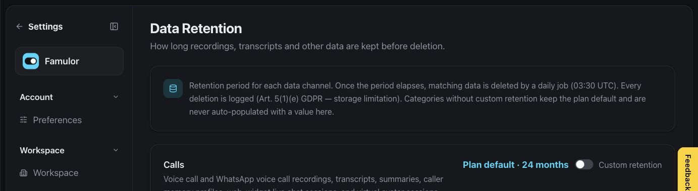 Data retention settings