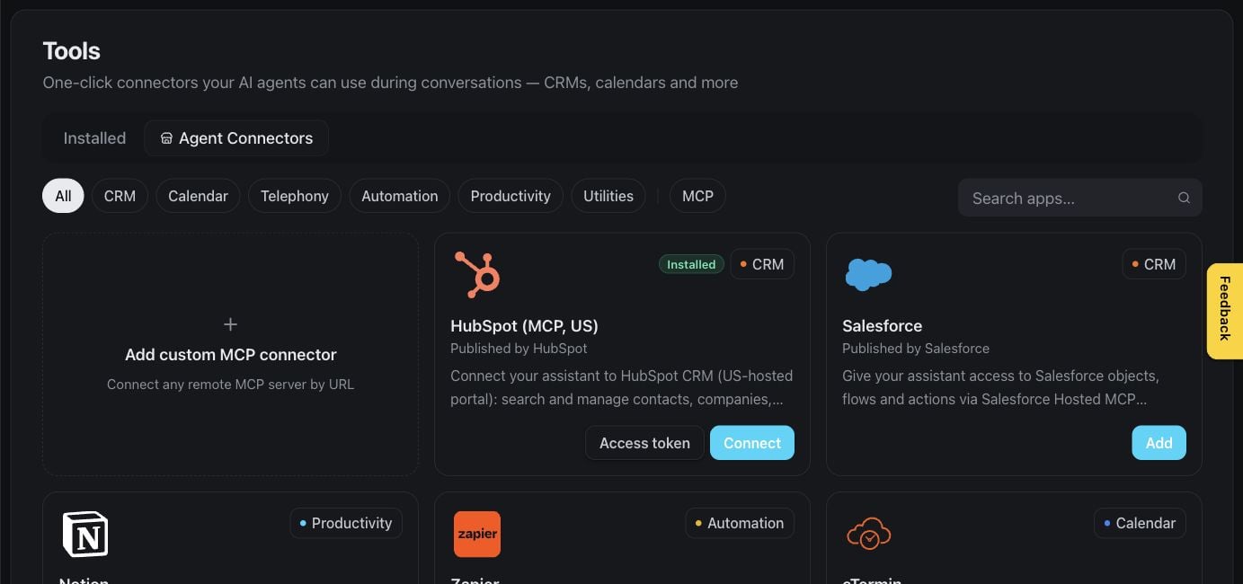 Agent Connectors catalog in Famulor