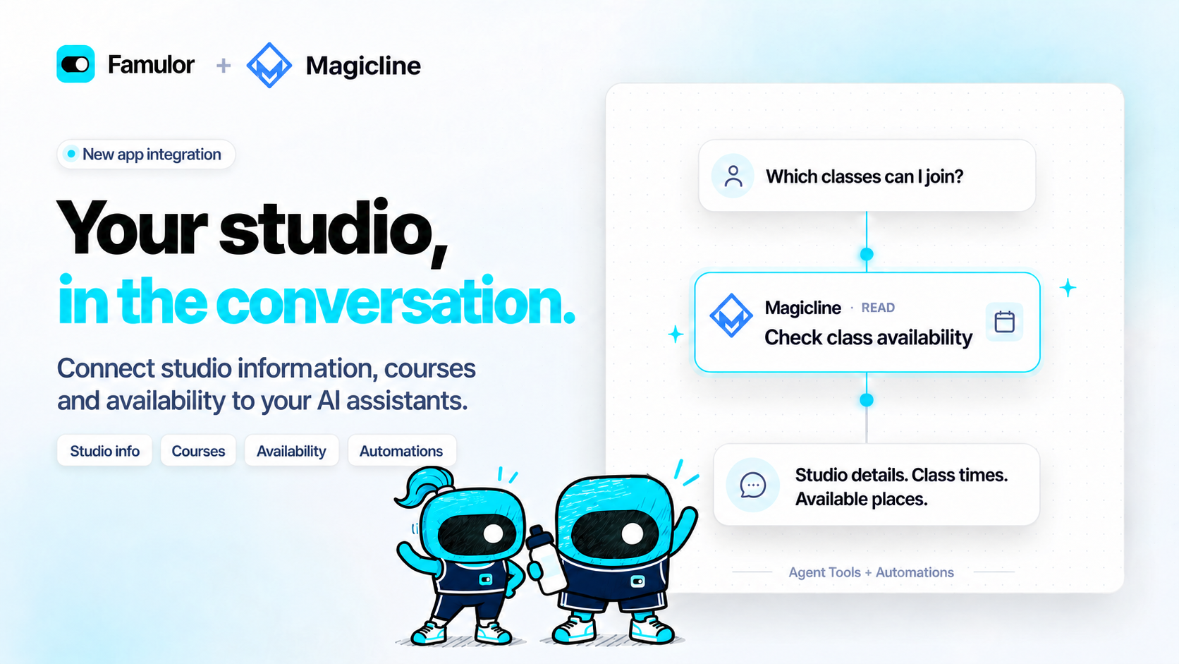 Famulor and Magicline with two sporty mascots and a conversation that checks class availability